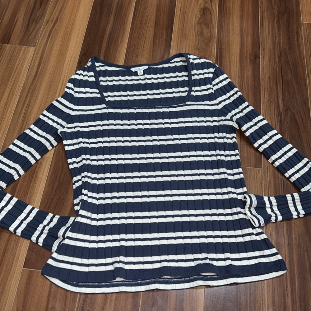 XL LLbean stretchy striped square neck long sleeve top